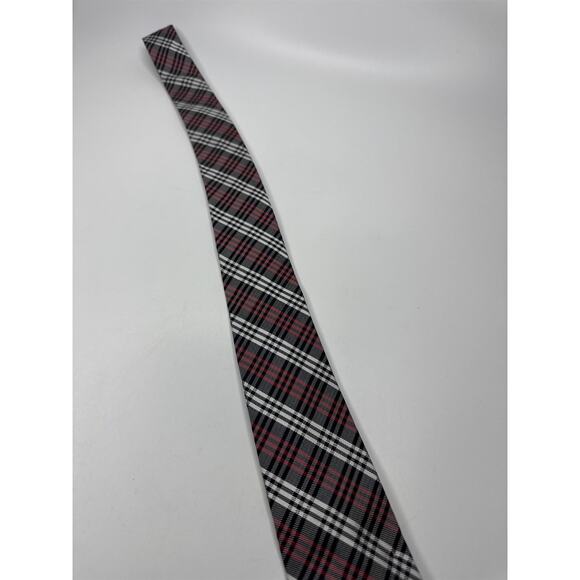 Mens Ben Sherman 100% Silk Red/White/Black Plaid Pattern Skinny Neck Tie - Picture 3 of 7
